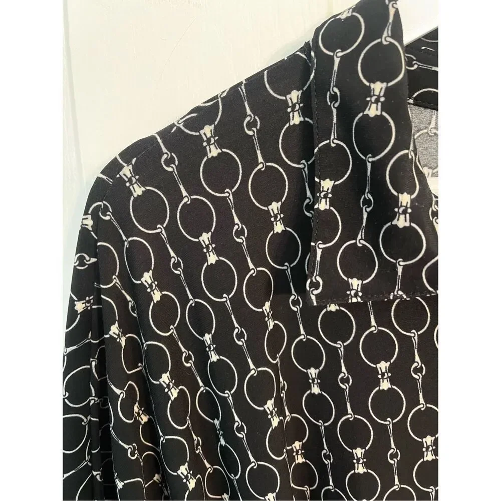 Lauren Ralph Lauren Black Equestrian Print 1/2 Button Belted Slinky Shirt Dress